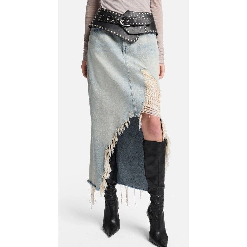NWT 7 For All Mankind Denim Midi Skirt Peaches Distressed Ripped Raw Hem Size 25